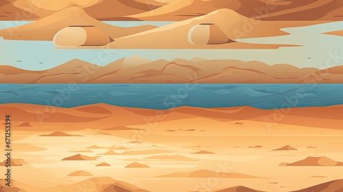  a painting of a desert landscape with mountains and a body of water in the foreground and a blue sky in the background.  generative ai