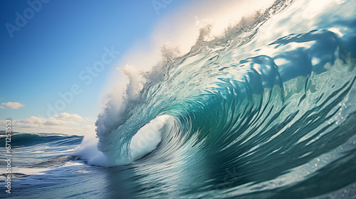 Blue ocean wave with white foam and blue sky in the background. Close-up of blue ocean wave with white foam. Abstract background