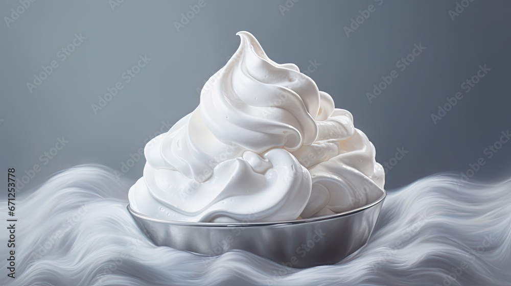 a bowl filled with whipped cream sitting on top of a wave of white foam on top of a gray background. generative ai a bowl filled with whipped cream sitting on top of a wave of white foam on top of a gray background. generative ai