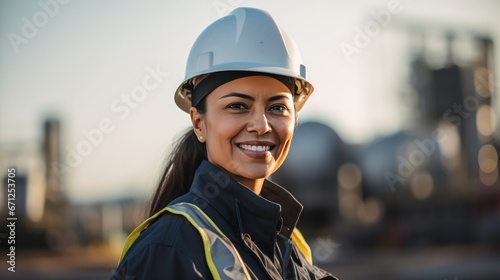 Portrait of a smiling hispanic female engineer at an oil refinery, confidently overseeing operations, maintaining safety standards, generative ai