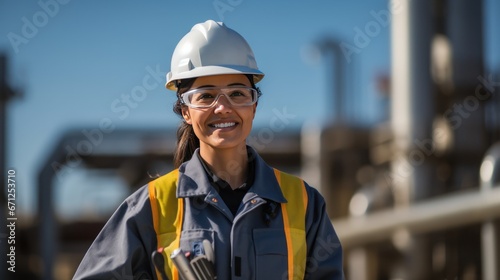 Portrait of a smiling hispanic female engineer at an oil refinery, confidently overseeing operations, maintaining safety standards, generative ai