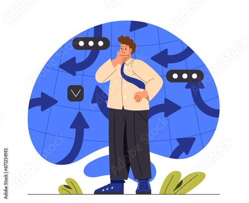Decision making concept. Man near arrows. Thinking process. Young guy with solution. Businessman trying to solve problem. Cartoon flat vector illustration isolated on white background