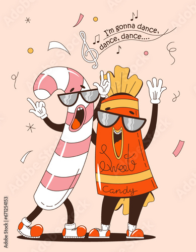 Cartoon characters of a fun party - sweet candies in the popular groove style. colorful illustration in the retro style of the 60-70s. Vector illustration.