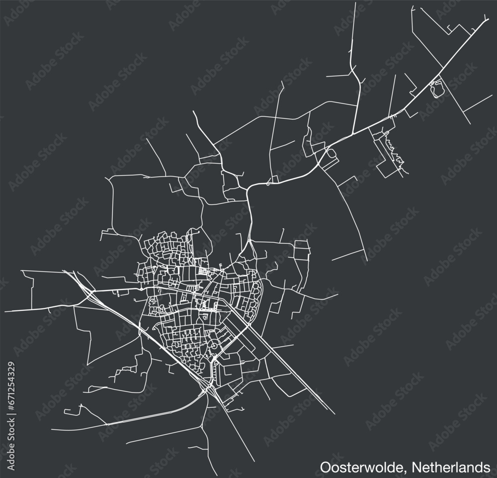 Detailed hand-drawn navigational urban street roads map of the Dutch city of OOSTERWOLDE, NETHERLANDS with solid road lines and name tag on vintage background