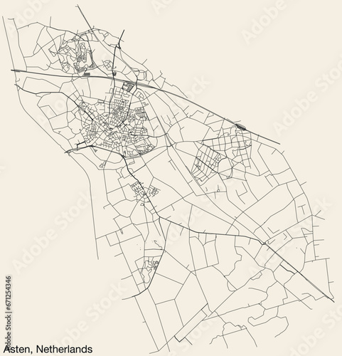 Detailed hand-drawn navigational urban street roads map of the Dutch city of ASTEN, NETHERLANDS with solid road lines and name tag on vintage background