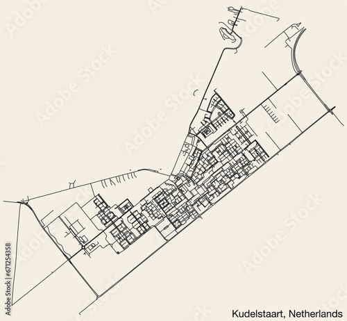 Detailed hand-drawn navigational urban street roads map of the Dutch city of KUDELSTAART, NETHERLANDS with solid road lines and name tag on vintage background