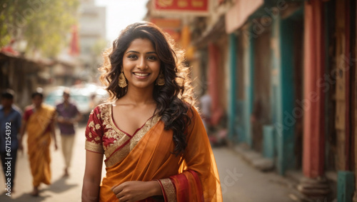 Bellissima ragazza indiana vestita con abiti tradizionali all'aperto in India © Wabisabi