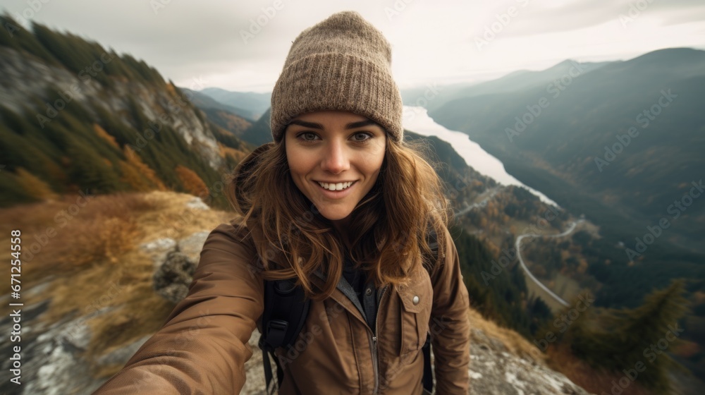 A young woman taking a selfie on a mountain top. Generative AI.