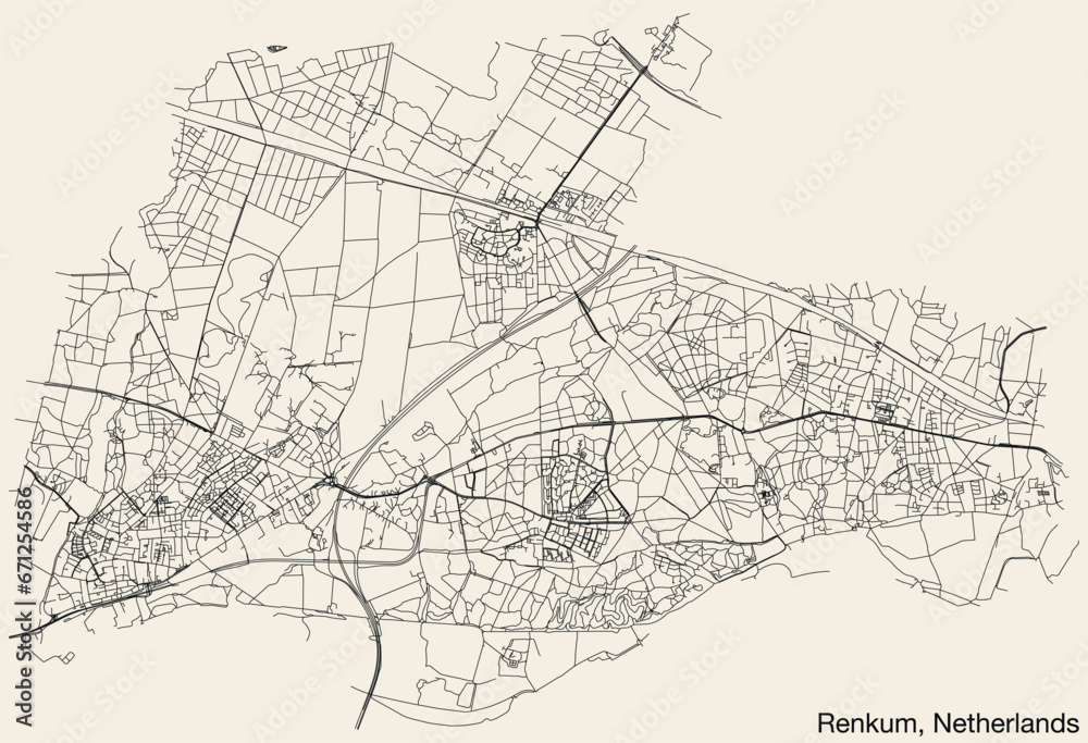 Detailed hand-drawn navigational urban street roads map of the Dutch city of RENKUM, NETHERLANDS with solid road lines and name tag on vintage background