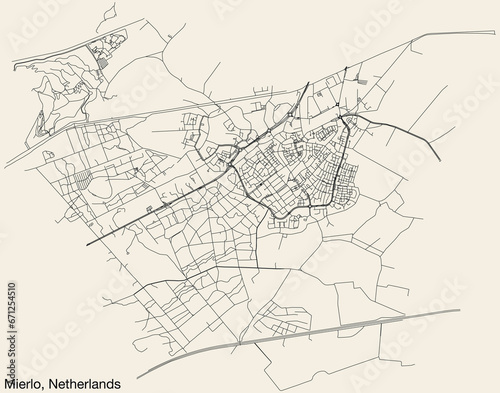 Detailed hand-drawn navigational urban street roads map of the Dutch city of MIERLO, NETHERLANDS with solid road lines and name tag on vintage background