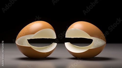  an egg with a cut in half of it sitting on top of a gray table next to a black background. generative ai