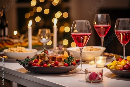 Christmas dinner table full of dishes with food and snacks, New Year's decor with a Christmas tree in the background