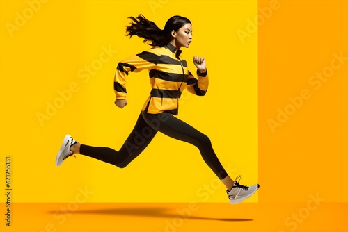 a woman running in a yellow and black striped jacket