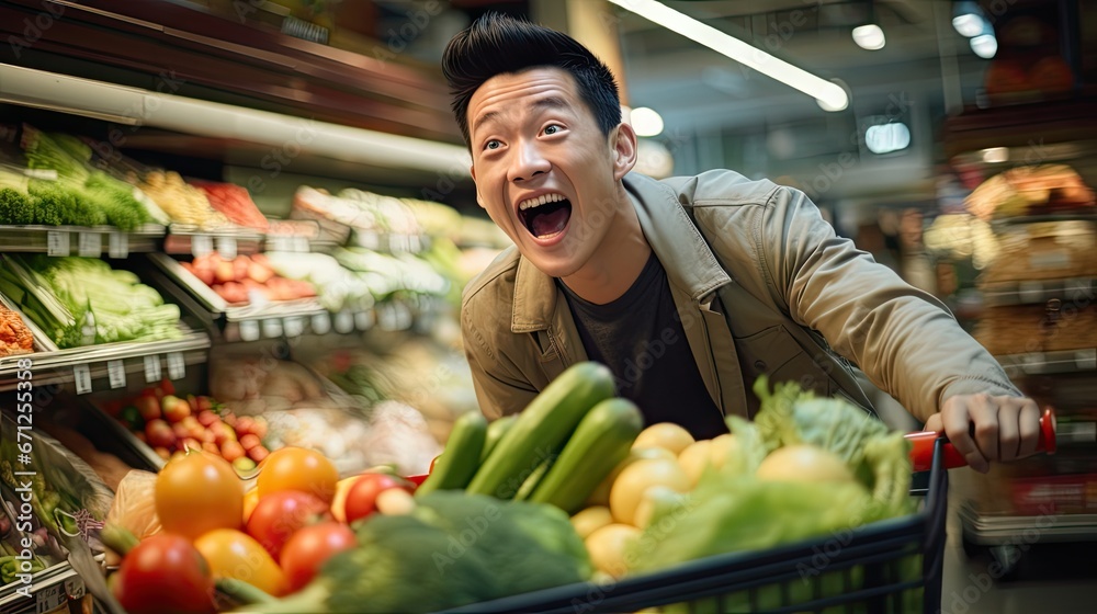 Close-up shot of a happy man with a shopping cart full of vegetables
