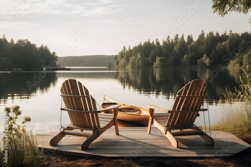 a couple of chairs on a dock next to a canoe on a lake
