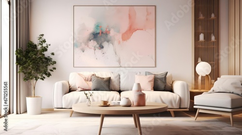 Grey sofa with pink pillows and blanket against white wall with abstract art poster Interior design of modern living room Created