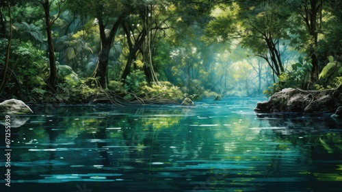  a painting of a river in the middle of a forest with rocks and trees on both sides of the river. generative ai