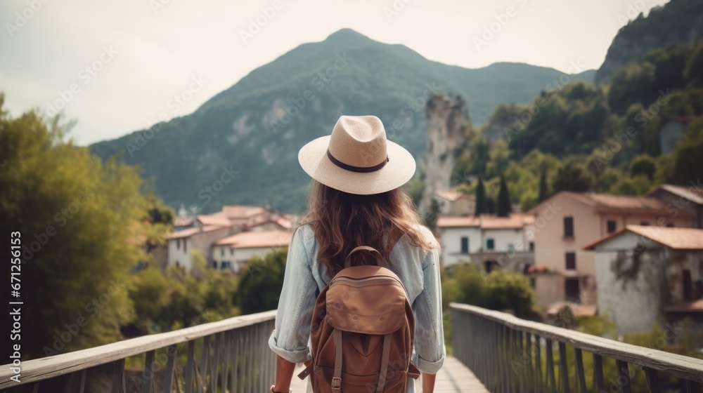 Back view of Tourist woman with hat and backpack at vacation in Picturesque european country, Wanderlust concept, generative ai