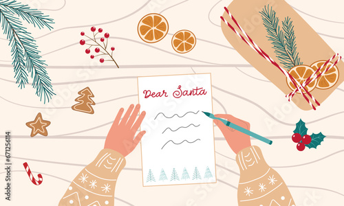 Writing letter to Santa Claus. Xmas Eve. Preparing for Christmas New Year. Winter cute holiday background with natural decoration. Top view flat design illustration