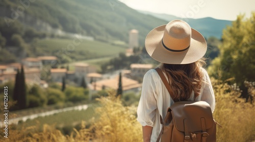 Back view of Tourist woman with hat and backpack at vacation in Picturesque european country, Wanderlust concept, generative ai © Hixel