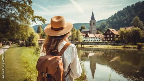 Back view of Tourist woman with hat and backpack at vacation in Picturesque european country, Wanderlust concept, generative ai