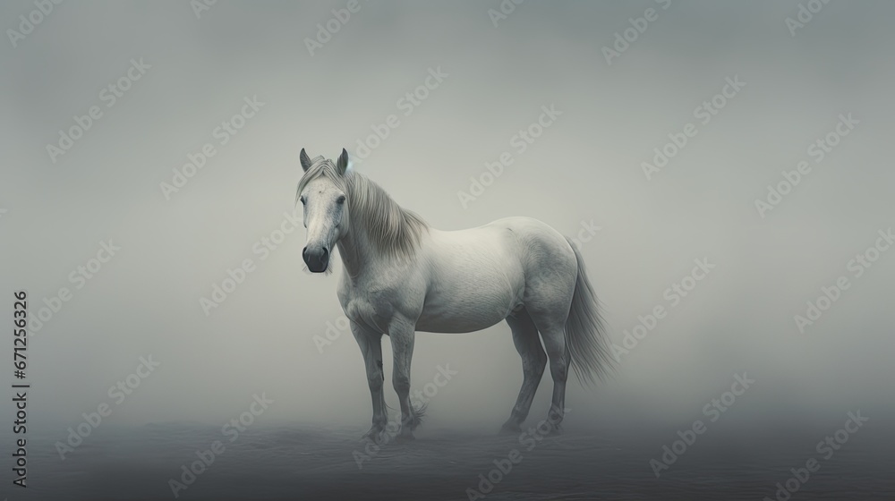 Fototapeta premium a white horse standing in the middle of a foggy field with it's head turned to the side. generative ai