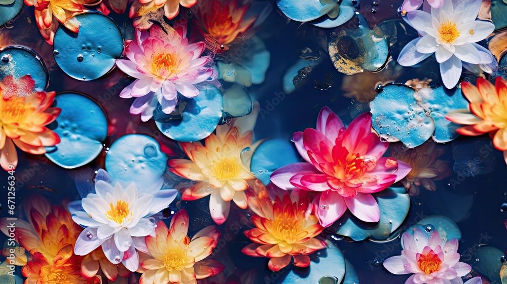  a group of water lilies floating on top of a pool of water with drops of water on top of them.  generative ai
