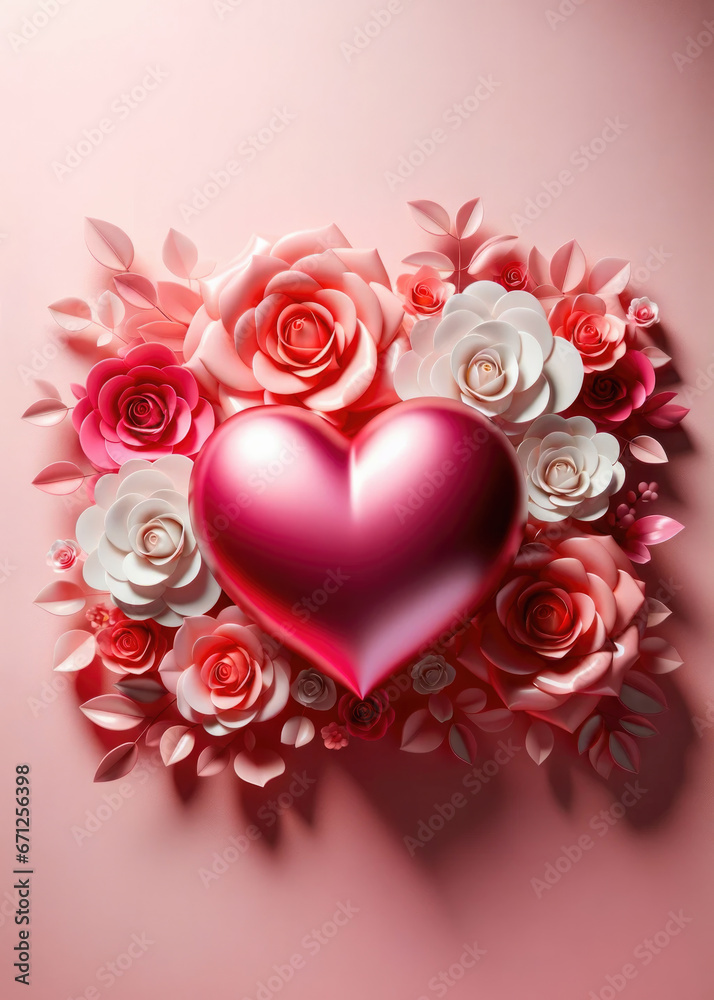 Festive composition from roses and hearts for Valentine's day on light pink background