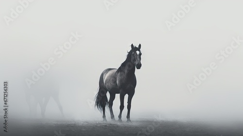  a couple of horses standing on top of a field in the middle of a foggy day with one horse looking at the camera.  generative ai