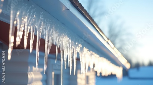 icicles on house roof in cold winter 