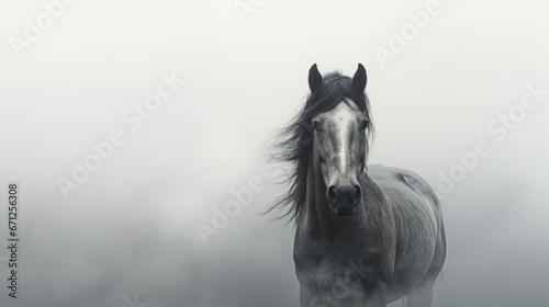  a black and white photo of a horse on a foggy day with a black and white photo of a black and white horse. generative ai