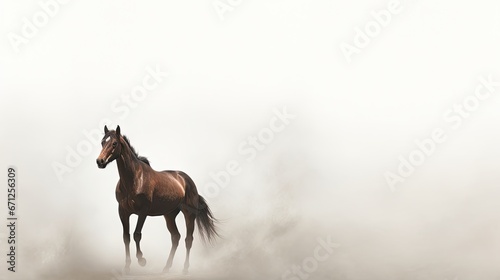  a brown horse standing in the middle of a foggy field with its head turned to look like it is galloping.  generative ai