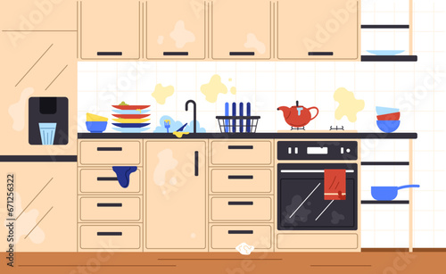 Messy kitchen concept. Dirty dishes near sink. Modern and trendy interior and furniture. Walls with spotes of fat. Dirty room with trash at floor. Cartoon flat vector illustration
