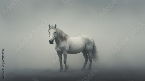  a white horse standing in the middle of a foggy field with it's head turned to the side.  generative ai © Anna
