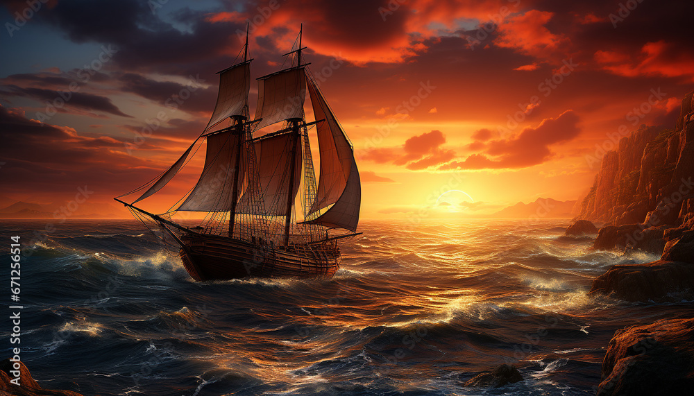 Sailing ship sails at sunset, waves carry adventure on water generated by AI