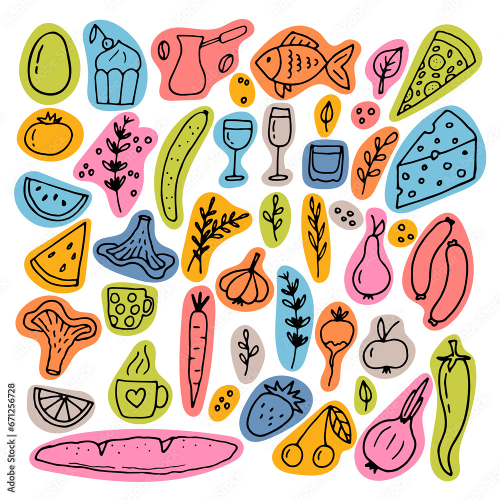 Hand drawn set of different food and drinks. Doodle style. Healthy food ingredients - obrazy, fototapety, plakaty 