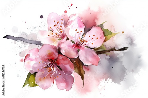 Sakura on white background. Watercolor cherry bud. Cherry blossom flower blooming vector. Pink sakura flower background. Cherry blossom branch with sakura flower. Watercolor cherry blossom vector © SaroStock