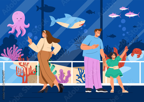 People in Oceanarium concept. Woman and father with daughter look through windows at marine dwellers. Octopus, fishes and shark. Sea or ocean fauna. Cartoon flat vector illustration