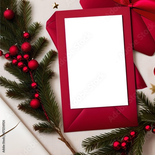 christmas greeting card with pine and ornaments