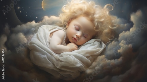 sleeping baby curled up on a cloud, surrealism style, copy space, 16:9