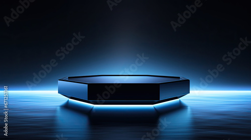 Futuristic 3D Hexagonal Podium In Dark Room For Hi-Tech Products Presentation, Empty Display Podium For Sports Products Or Male Products. Dark Modern Product Podium Template. Generative AI
