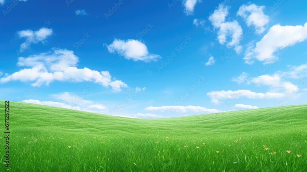Lush green grass under bright blue sky with clouds Lush green grass under bright blue sky with clouds