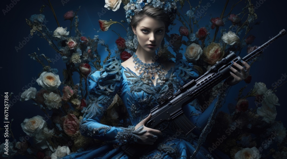 Beautiful cute girl, young woman with guns and flowers. Stop the war. No war, hippie hipster, for peace. No aggression