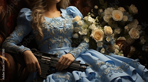 Beautiful cute girl, young woman with guns and flowers. Stop the war. No war, hippie hipster, for peace. No aggression