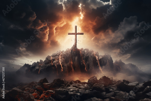 A depiction of the Holy Cross, symbolizing the death and resurrection of Jesus Christ, is illuminated against the sky above Golgotha Hill. Generative Ai. © Sebastian