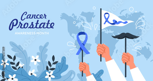 Prostate cancer poster. Hands with blue ribbon and flags. Mont of awareness, international holiday. Health care and treatment, prevention. Cover or banner. Cartoon flat vector illustration