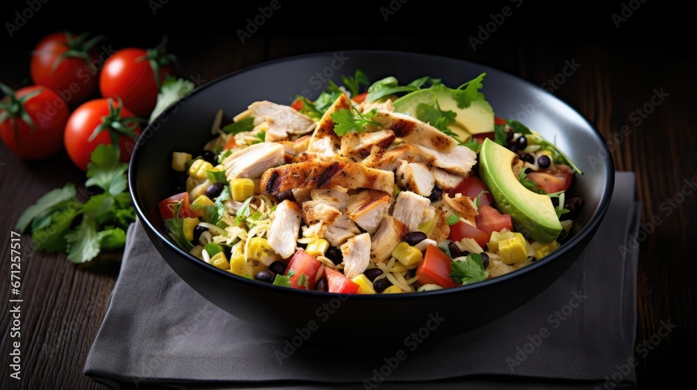 mexican rotisserie chicken salad in black bowl mexican rotisserie chicken salad in black bowl