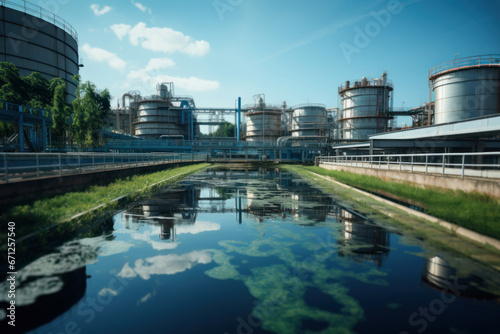 Fototapeta An industrial wastewater treatment plant is depicted in operation, purifying water prior to its release