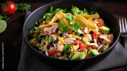 mexican rotisserie chicken salad in black bowl 