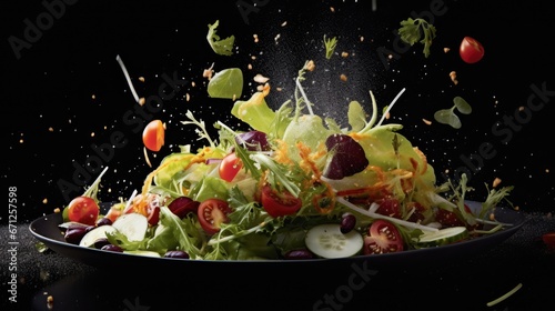  a salad with lettuce, tomatoes, cucumbers and sprinkles on a black plate.  generative ai